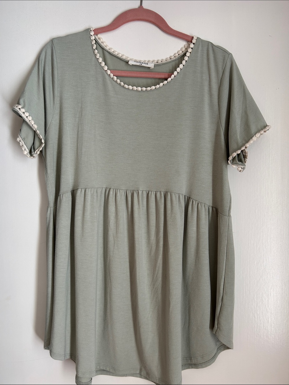 Zenana Outfitters Sage Short Sleeve Peplum Top with Cream Pom Trim